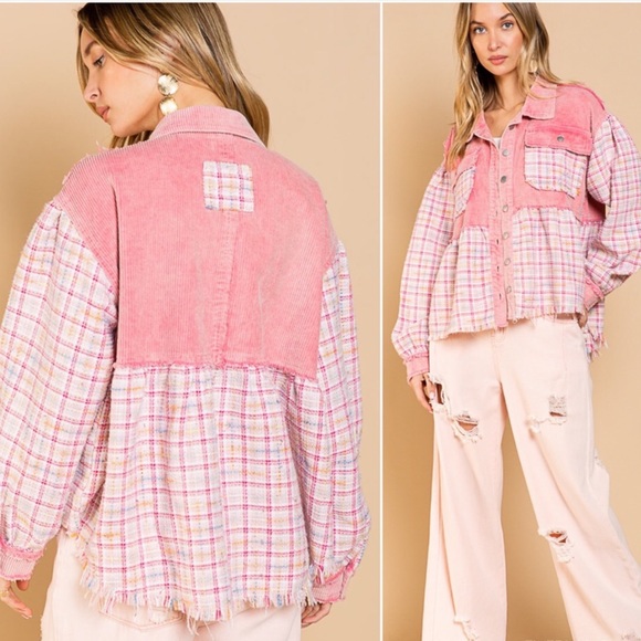 Corduroy Tweed Ballon Sleeves Pink Womens Shacket Button Down - Picture 9 of 11